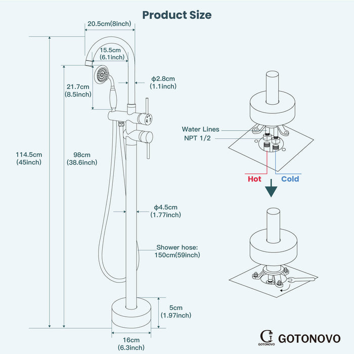 gotonovo Floor Mounted Freestanding Bathtub Filler with High Flow Brass Handheld Spray