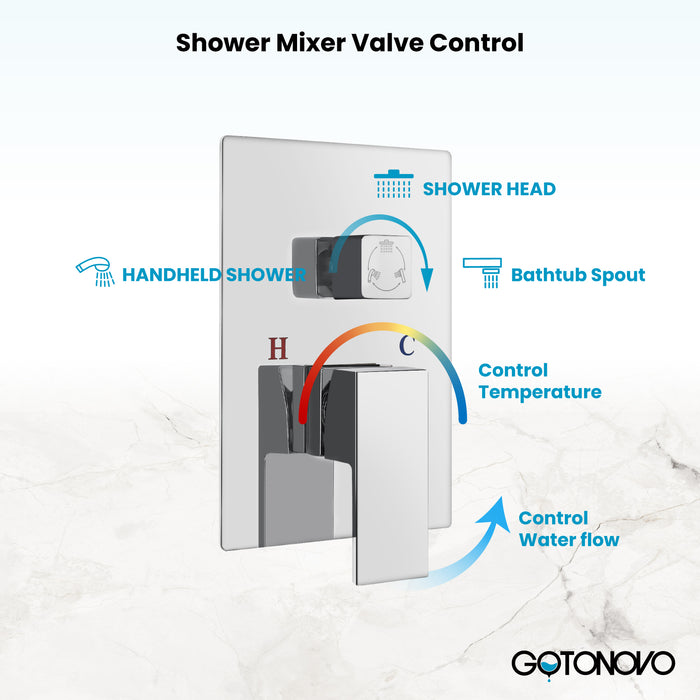 Gotonovo Rain Mixer Shower Faucet Set with Waterfall Tub Spout 12 inch Square Rainfall Shower Head with Handheld Spray Ceiling Mounted Pressure Balance Rough-in Valve and Trim Included