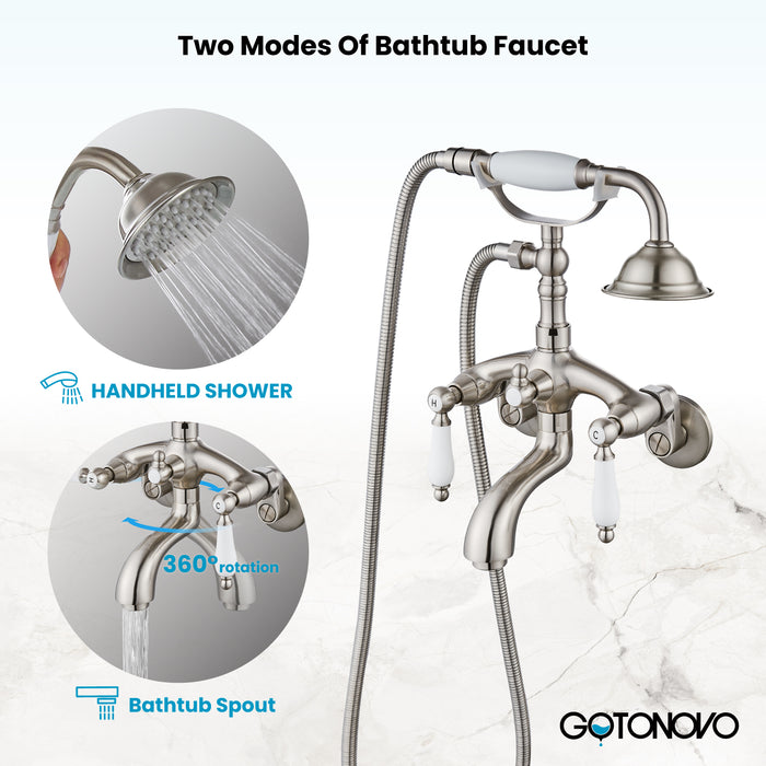 Gotonovo Clawfoot Bathtub Faucet Wall Mount Hand Held Shower Faucet Set Double Lever Handle with 6 Inch Center with Adapter Adjustable Swing Arms