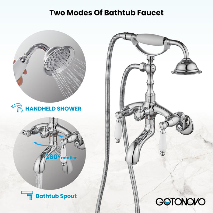Gotonovo Clawfoot Bathtub Faucet Wall Mount Hand Held Shower Faucet Set Double Lever Handle with 6 Inch Center with Adapter Adjustable Swing Arms