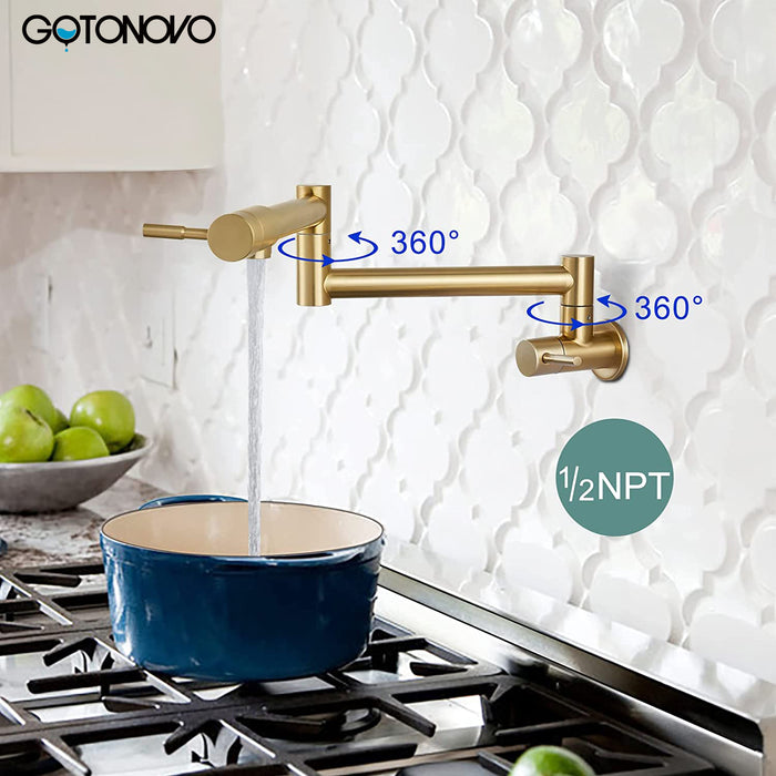 gotonovo Pot Filler Faucet Folding Stretchable Wall Mount Kitchen Restaurant Sink Faucet SUS304 Stainless Steel with Double Joint Swing Arm Single Hole Two Handles Commercial NPT