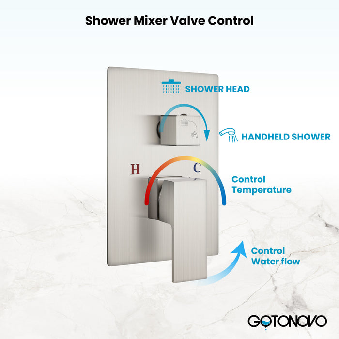 Gotonovo Rainfall Shower System Wall Mount Square Showerhead Shower Trim Kit 2 in 1 Cylindrical Handheld shower with Rough-in Valve