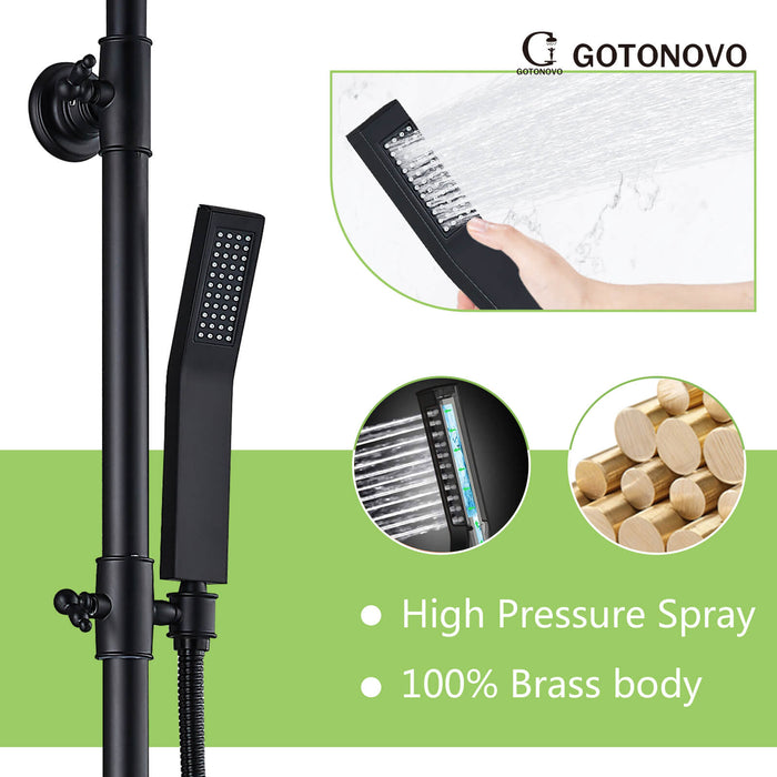 Gotonovo Exposed Shower System 8 Inch Square Swivel Rainfall Shower Head with Handheld Adjustable Complete Set Wall Mount