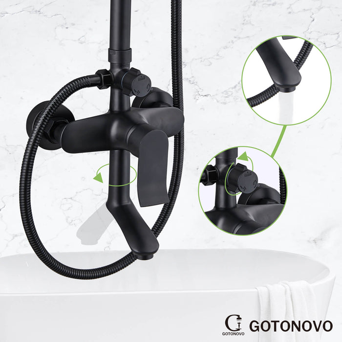 Gotonovo Matte Black Exposed Shower Fixture Combo Set 9 Inch ABS Round Rainfall Showerhead with ABS Handheld Sprayer Wall Mount Shower System Adjustable Slide Bar