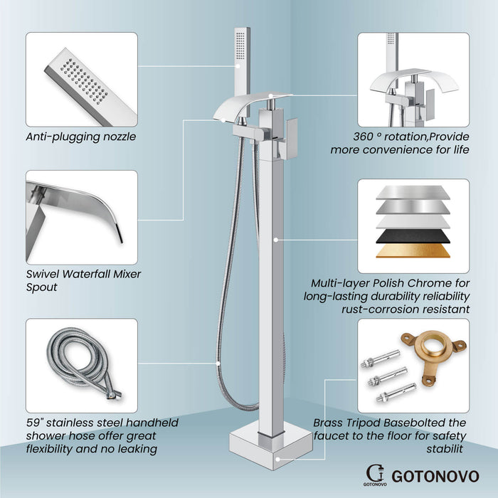 gotonovo Freestanding Tub Filler Waterfall Bathtub Faucet Floor Mount Single Handle Brass Tub Faucets with Handheld Shower Swivel Spout