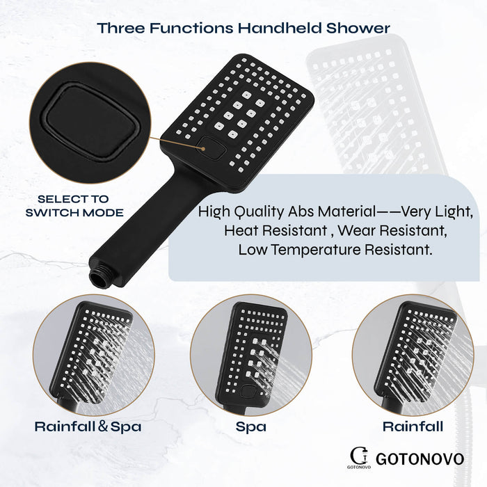 Gotonovo Matzwart douchesysteem 3-functiemengkraan Douchebadcombinatieset 9 inch Wandgemonteerde regendouche ABS Handdouche Badkamer Luxe regen-inbouwklep en afwerkingsset met badkuipuitloop 