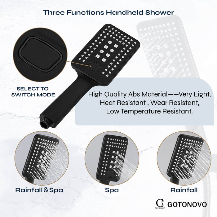 gotonovo Matte Black Shower System 3 Function Mixer Shower Tub Combo Set 9 Inch Wall Mounted Rainfall Shower Head ABS Handheld Shower Bathroom Luxury Rain Rough-in Valve and Trim Kit with Tub Spout