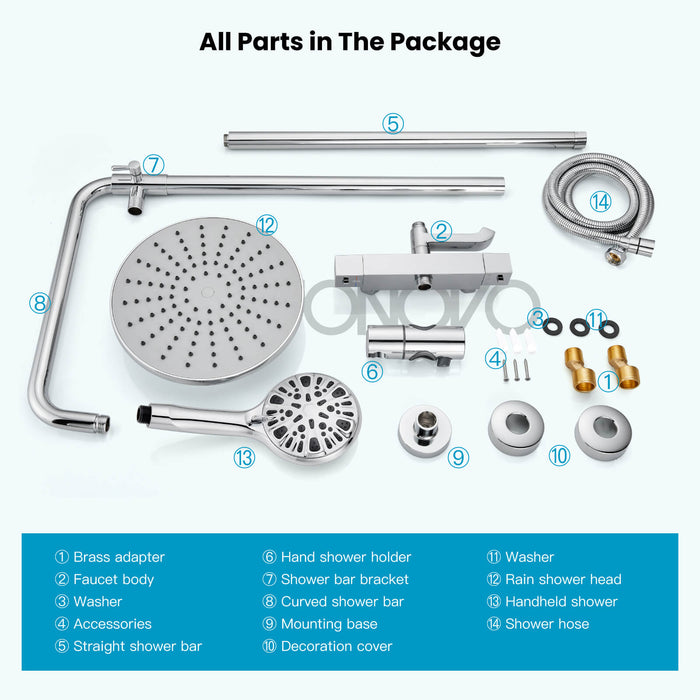 Gotonovo Exposed Shower System Thermostatic 8’’ Round Shower Head with Height Adjustable Slide Bar ABS Handheld Sprayer Wall Mount Shower Fixture