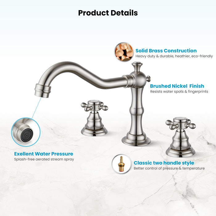 Gotonovo Victorian Widespread Three Holes Deck Mounted Bathroom Sink Faucet with Pop Up Drain with Overflow