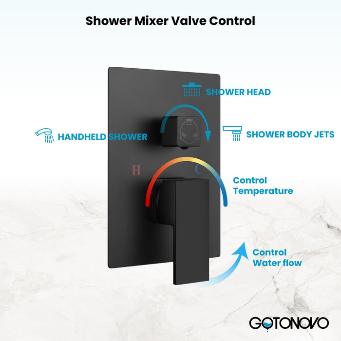 Gotonovo Rain Shower Combo Set Ceiling Mounted Square Rainfall Shower Head with Body Spray Jets and Brass Handshower Pressure Balance Rough-in Valve and Trim Included