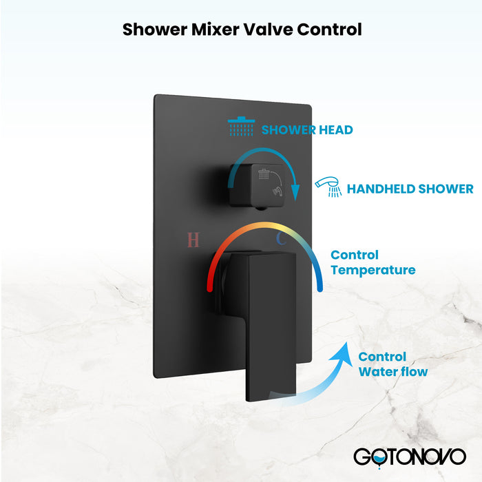 Gotonovo Rainfall Shower System Wall Mount Square Showerhead Shower Trim Kit 2 in 1 Cylindrical Handheld shower with Rough-in Valve