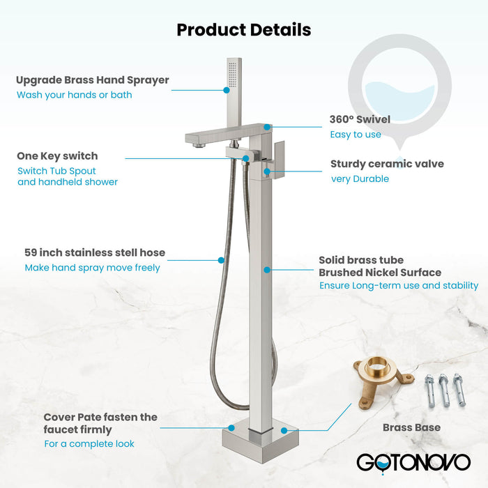 gotonovo Freestanding Bathtub Faucet Floor Mount Tub Filler Single Handle Brass Tap with Hand Shower and 360 Degree Swivel Spout