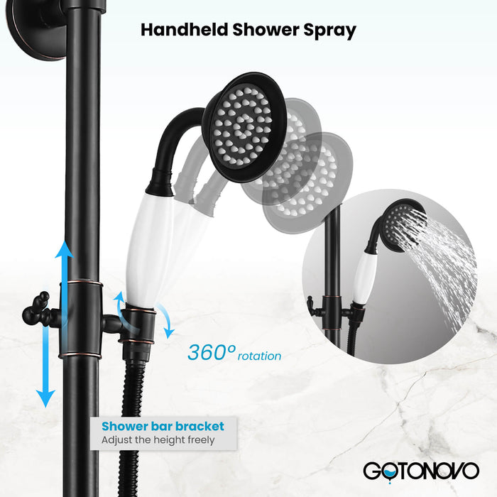 Gotonovo Exposed Shower System 8 Inch Rainfall Shower Head with Tub Spout and Handheld Spray Dual Cross Handle Bathroom Shower Faucet Wall Mount