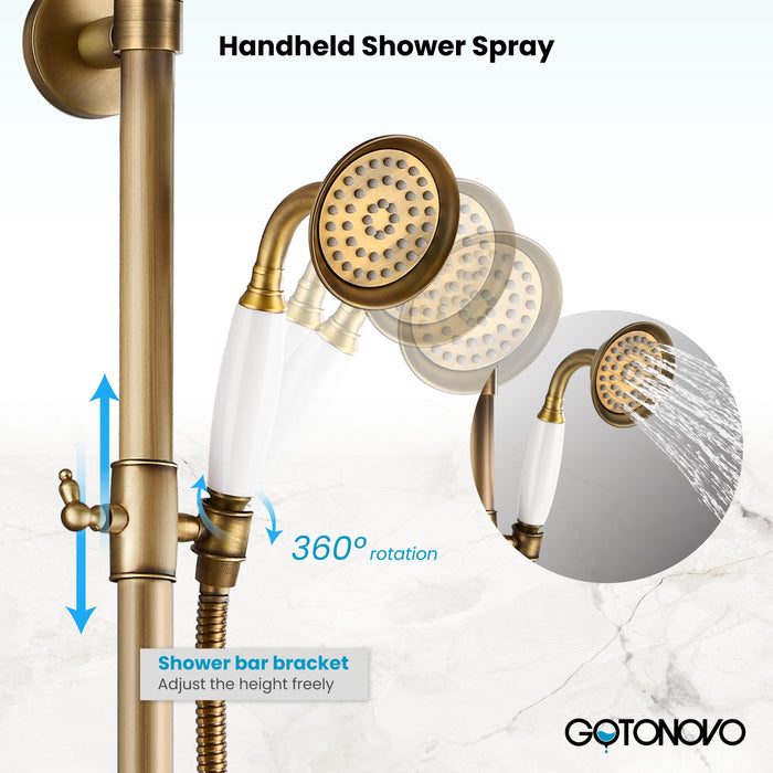 Gotonovo Exposed Shower System 8 Inch Rainfall Shower Head with Tub Spout and Handheld Spray Dual Cross Handle Bathroom Shower Faucet Wall Mount