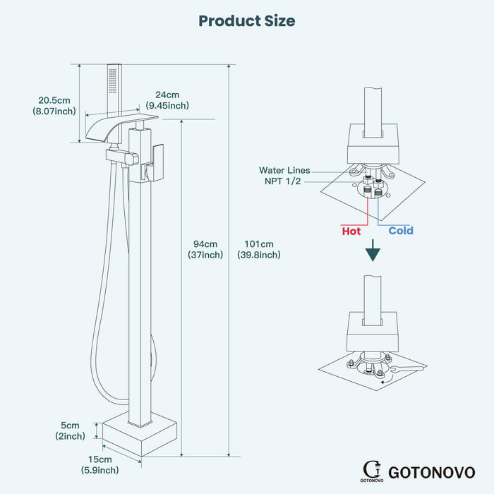 gotonovo Freestanding Tub Filler Waterfall Bathtub Faucet Floor Mount Single Handle Brass Tub Faucets with Handheld Shower Swivel Spout