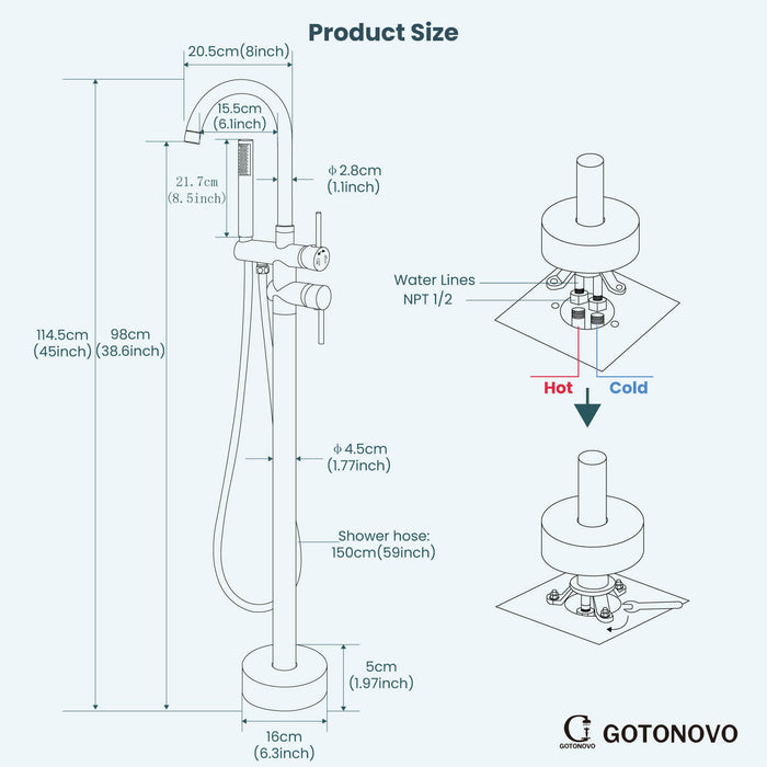gotonovo Floor Mounted Freestanding Bathtub Filler with High Flow Brass Handheld Spray