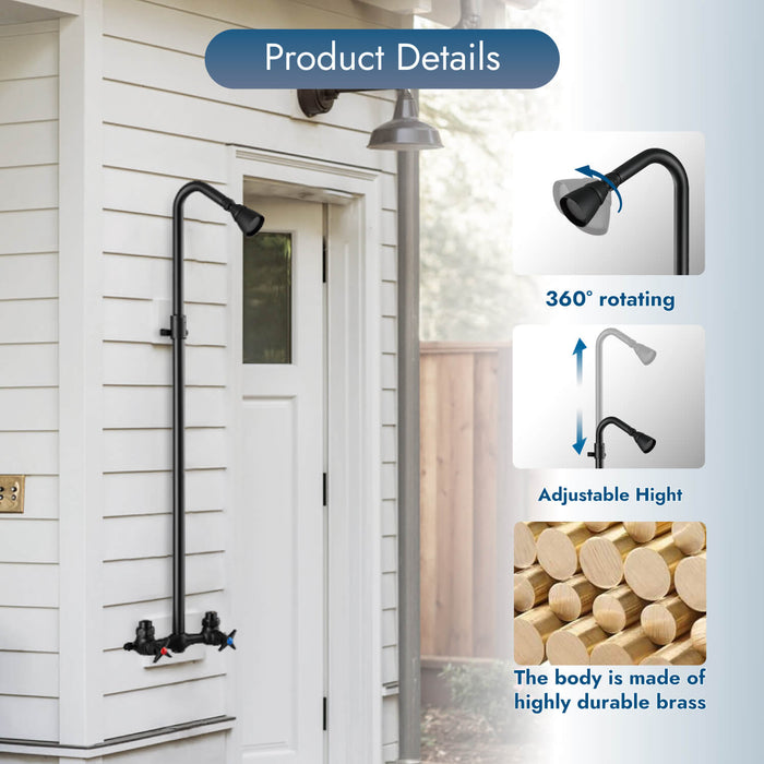 gotonovo Matte Black Outdoor Shower Kit Faucet Wall Mounted Adjustable slider Shower Fixtures Dual Cross Handles Brass Mixer Valve Adjustable Utility Shower Head Exposed Shower System