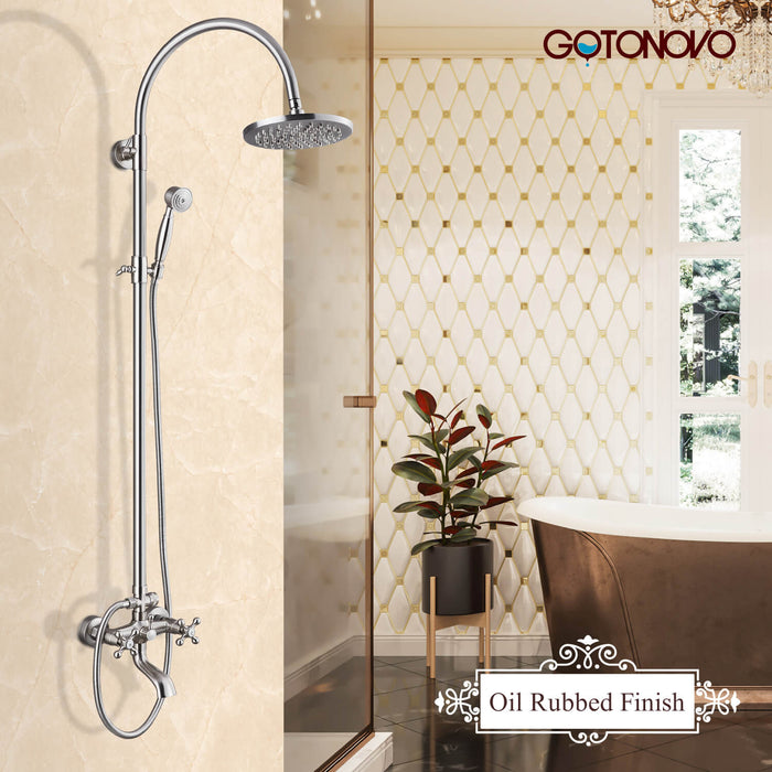 Gotonovo Exposed Shower Faucet Set Brass Dual Knobs 8 Inch Rainfall Round Head Mixer Tap Hand held Spray 3 Functions Shower System Tub Spout Bathroom Shower Combo Unit Set Wall Mounted