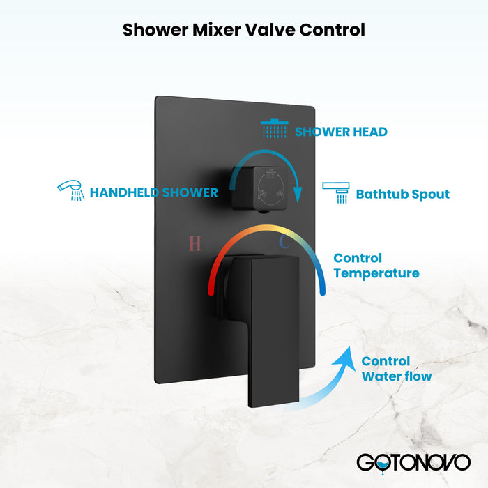 Gotonovo Rain Shower Combo Set Luxury 3-Function with Rotating Tub Spout,Square Rainfall Shower Head and Handheld Spray Rough-in Valve Body and Trim Included