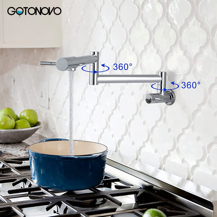 gotonovo Pot Filler Faucet Folding Stretchable Wall Mount Kitchen Restaurant Sink Faucet SUS304 Stainless Steel with Double Joint Swing Arm Single Hole Two Handles Commercial NPT