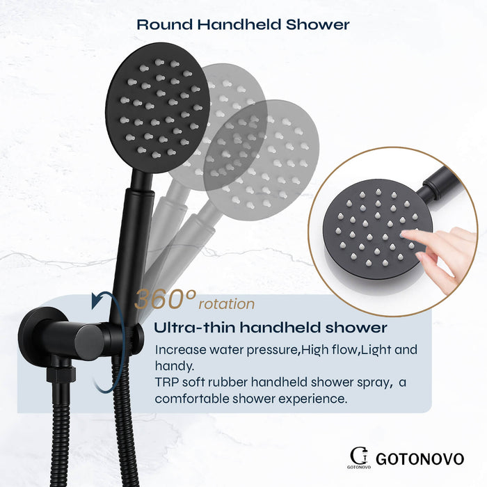 gotonovo Matte Black Shower System 10 Inch  Rain Shower Head with Handheld Spray Luxury Wall Mount Shower Combo Set Rough-in Valve and Shower Trim Included Bathroom 304 Stainless Steel