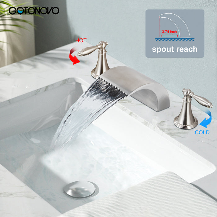 gotonovo Bathroom Widespread Sink Faucet Waterfall Spout 8 16 Inch Dual Handles Three Holes Deck Mount Pop Up Drain with Overflow Bathtub Basin Mixer Tap Commercial