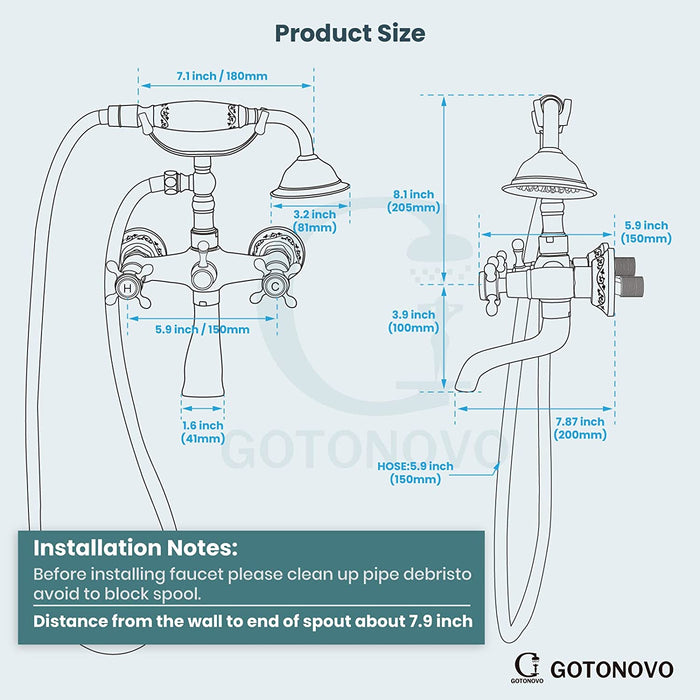 gotonovo Wall Mount Bathtub with Hand Held Shower Spray Faucet Set Bathroom Double Cross Handle 2 Functions 360 Swivel Mixer Tub Spout