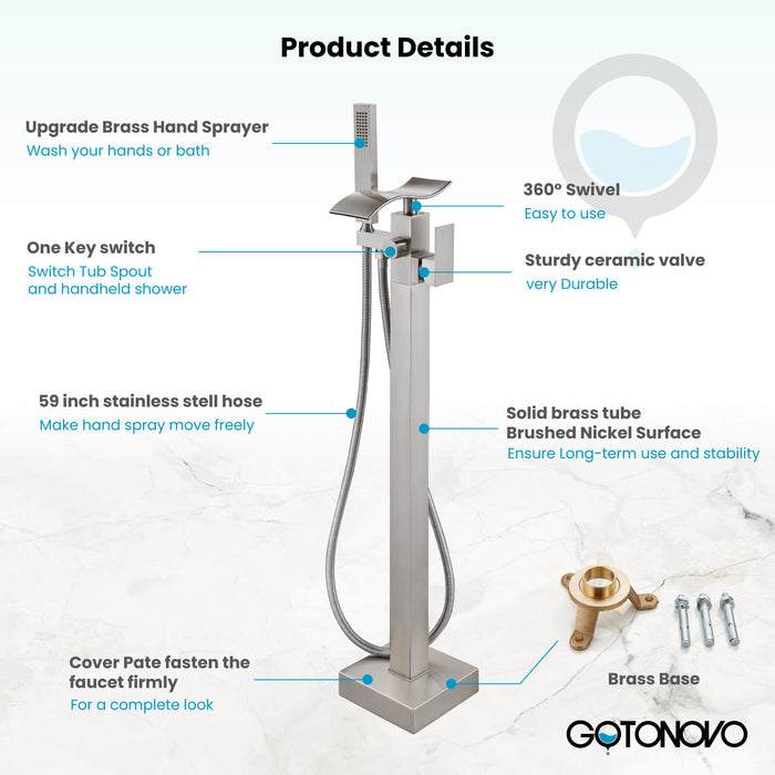 gotonovo Freestanding Bathtub Faucet Floor Mount Waterfall Tub Filler Brass Tap with Hand Shower and 360 Degree Swivel Spout Single Handle