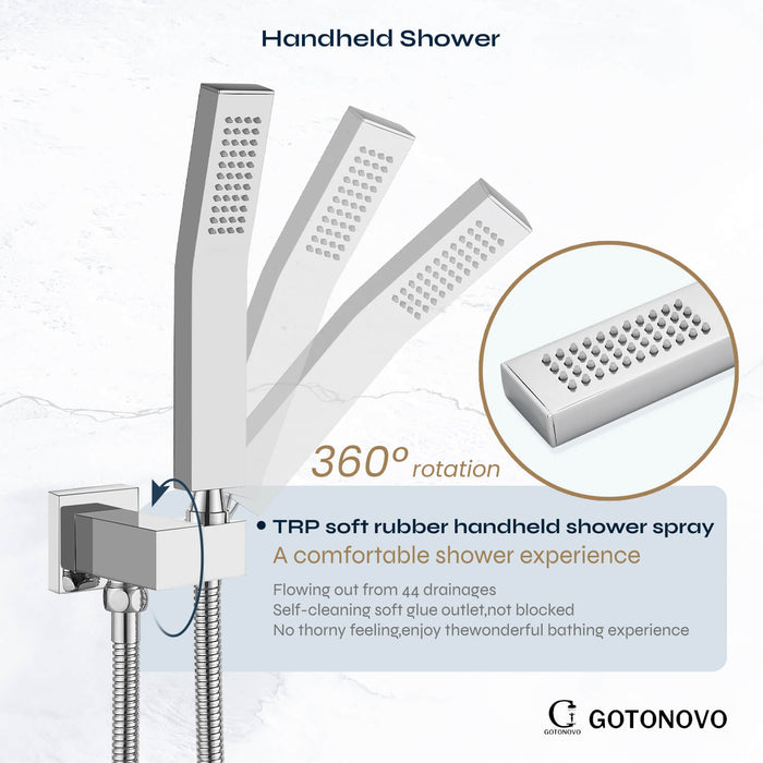 gotonovo douchesysteem met badkuipuitloop, 12 inch plafondmontage, 3-functiemengkraan, douchecombinatieset, regendouche, handdouche, badkamer, luxe inbouwventielbehuizing en afwerkingsset 