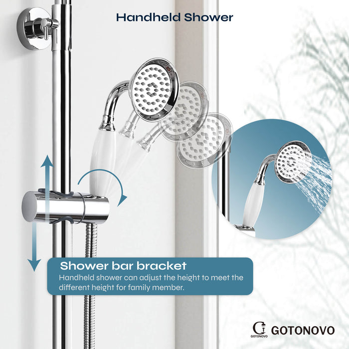 gotonovo Exposed Shower System Combo Set 8inch Rainfall Shower Head and Handheld Spray Double Knobs Cross Handle Dual Function Bathroom Shower Faucet Set