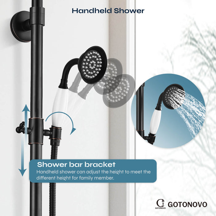 gotonovo Exposed Shower System Combo Set 8inch Rainfall Shower Head and Handheld Spray Double Knobs Cross Handle Dual Function Bathroom Shower Faucet Set