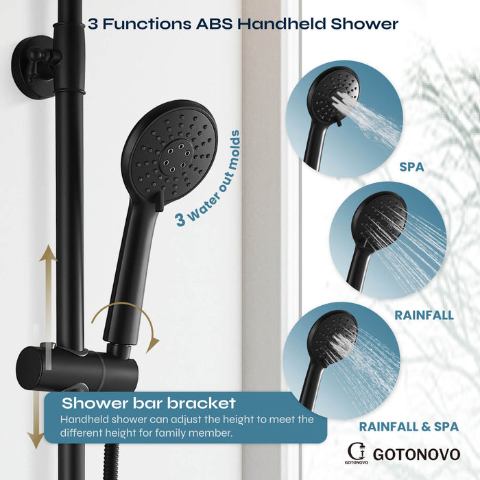 gotonovo Exposed Shower Fixture Set 8inch Rain Shower Head Double Knobs Cross Handle Dual Function Shower Faucet Combo Set