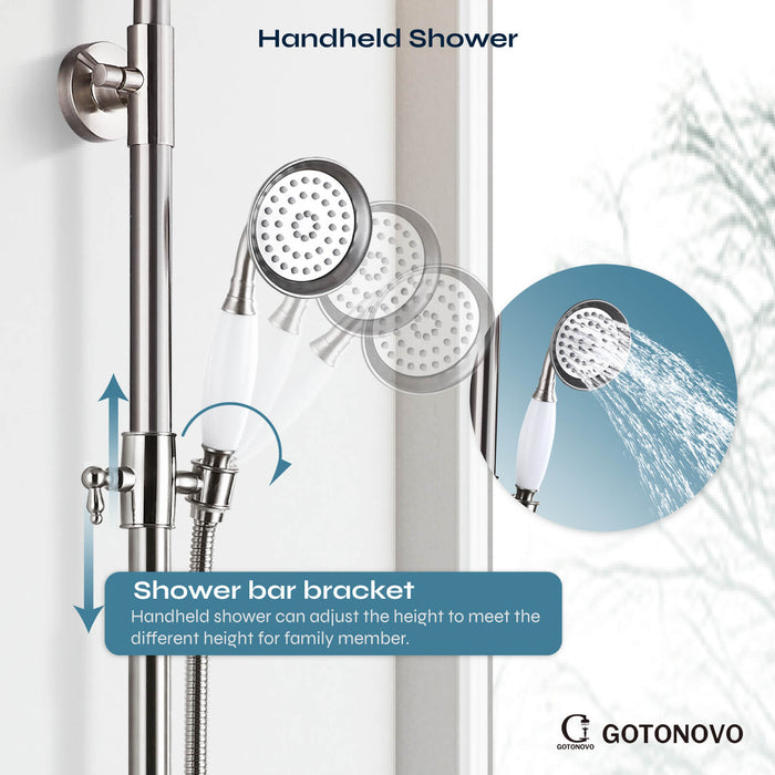 gotonovo Exposed Shower System Combo Set 8inch Rainfall Shower Head and Handheld Spray Double Knobs Cross Handle Dual Function Bathroom Shower Faucet Set