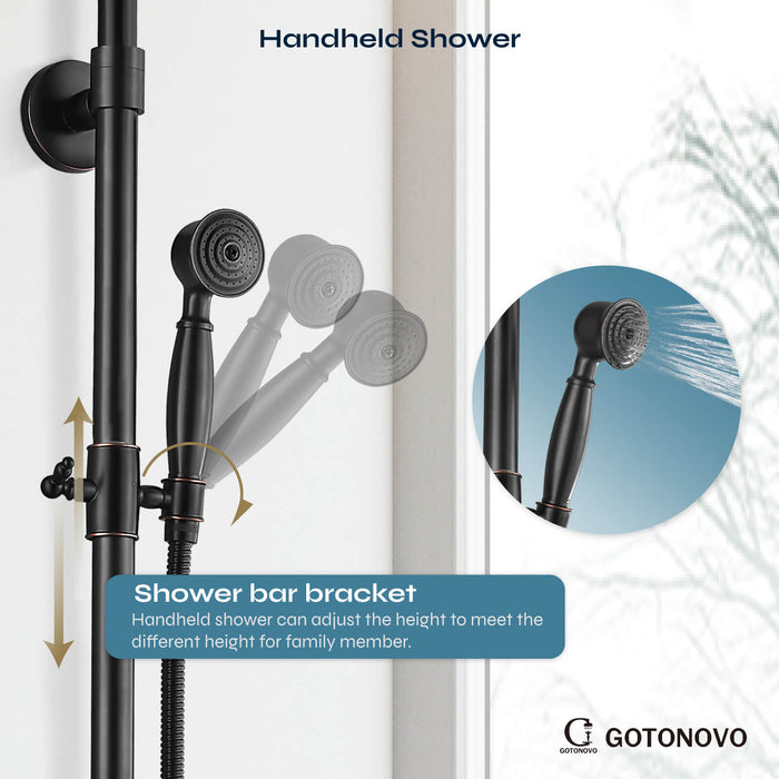 gotonovo Exposed Shower Fixture Set 8inch Rain Shower Head Double Knobs Cross Handle Dual Function Shower Faucet Combo Set