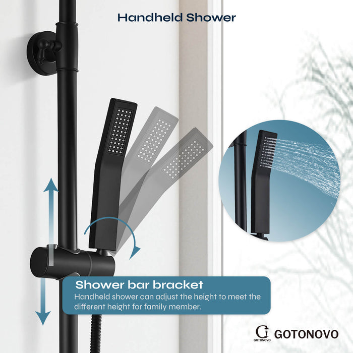 gotonovo Matte Black Exposed Shower Faucet Fixture Set 8inch Rain Shower Single Handle Triple Function Tub Spout Shower Fixture Combo System Unit Set