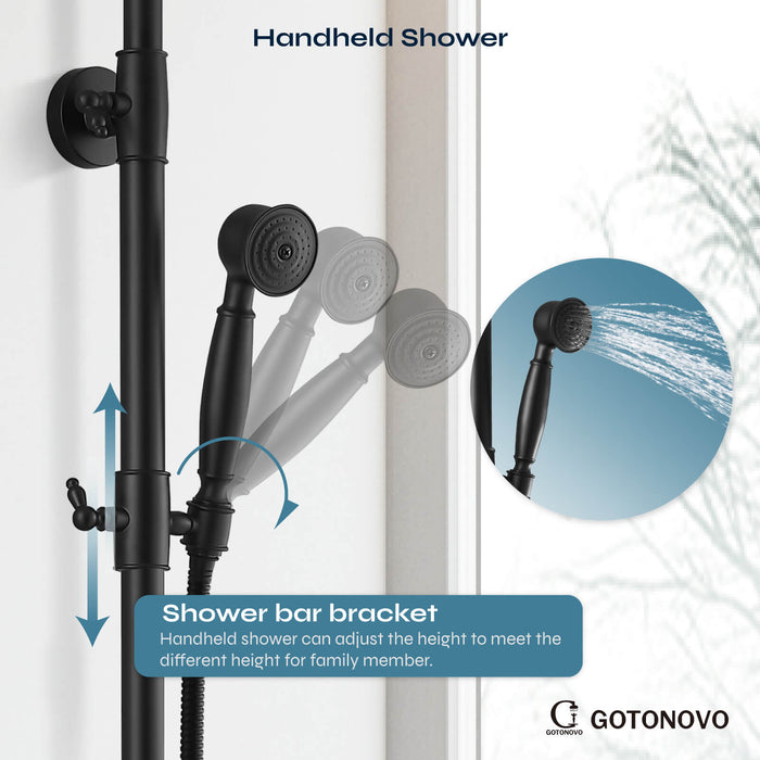 gotonovo Matte Black Exposed Shower Faucet Fixture Set 8inch Rain Shower Single Handle Triple Function Tub Spout Shower Fixture Combo System Unit Set