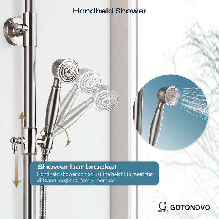 gotonovo Exposed Shower Fixture Set 8inch Rain Shower Head Double Knobs Cross Handle Dual Function Shower Faucet Combo Set