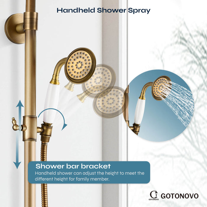 gotonovo Exposed Shower System Combo Set 8inch Rainfall Shower Head and Handheld Spray Double Knobs Cross Handle Dual Function Bathroom Shower Faucet Set