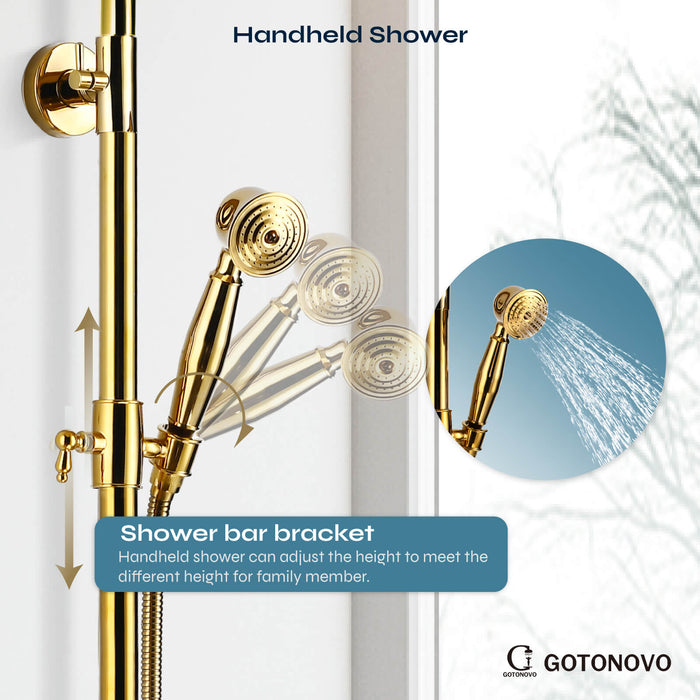 gotonovo Exposed Shower Fixture Set 8inch Rain Shower Head Double Knobs Cross Handle Dual Function Shower Faucet Combo Set