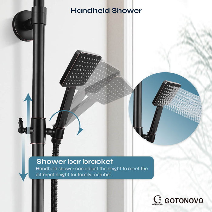 gotonovo Oil Rubbed Bronzed Exposed Shower Fixture System Set Combo with ABS Handheld Shower 8inch Square Shower Head Double Knobs cross Handle 2 Function Outdoor Shower Faucet Unit Set