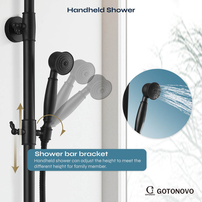 gotonovo Exposed Shower Fixture Set 8inch Rain Shower Head Double Knobs Cross Handle Dual Function Shower Faucet Combo Set