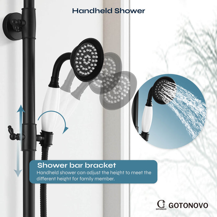 gotonovo Exposed Shower System Combo Set 8inch Rainfall Shower Head and Handheld Spray Double Knobs Cross Handle Dual Function Bathroom Shower Faucet Set