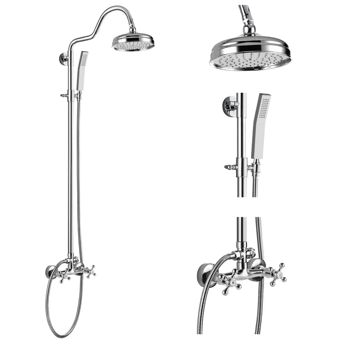 gotonovo Exposed Pipe Shower System Wall Mounted 8 Inch Round Rain Shower Head Brass 2 Function Shower System Set Handheld Sprayer with 2 Dual Knob Cross Curved Handle Shower Unit Set
