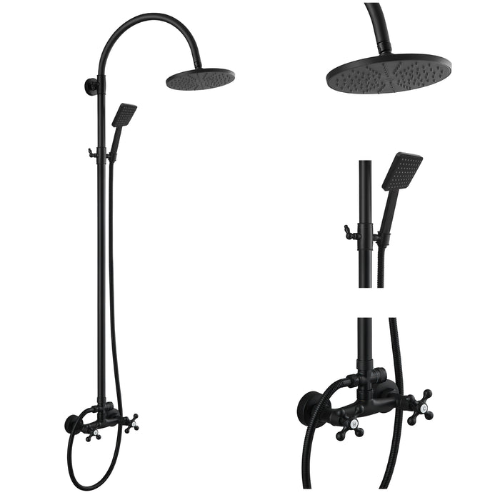 gotonovo Exposed Shower Faucet 8 inch Round Rainfall Shower Head Wall Mounted Double Cross Handles with ABS Handheld Sprayer Dual Function Shower Fixture Set