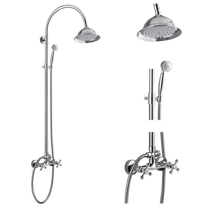 gotonovo 8 inch Bell Rain Shower Head Exposed Shower Unit System with 2 Function Double Cross Handles and Small Handheld Sprayer