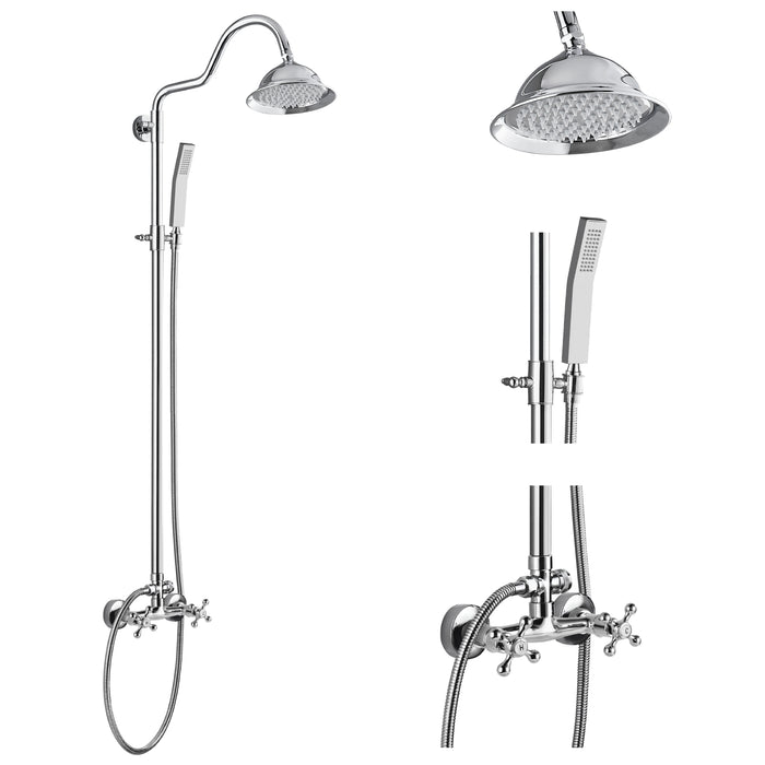 gotonovo Wandmontage 8 inch Bell Regendouchekop Messing 2 Functie Douchesysteem Kit met 2 Dubbele Knop Kruisgrepen en Gebogen Handsproeier