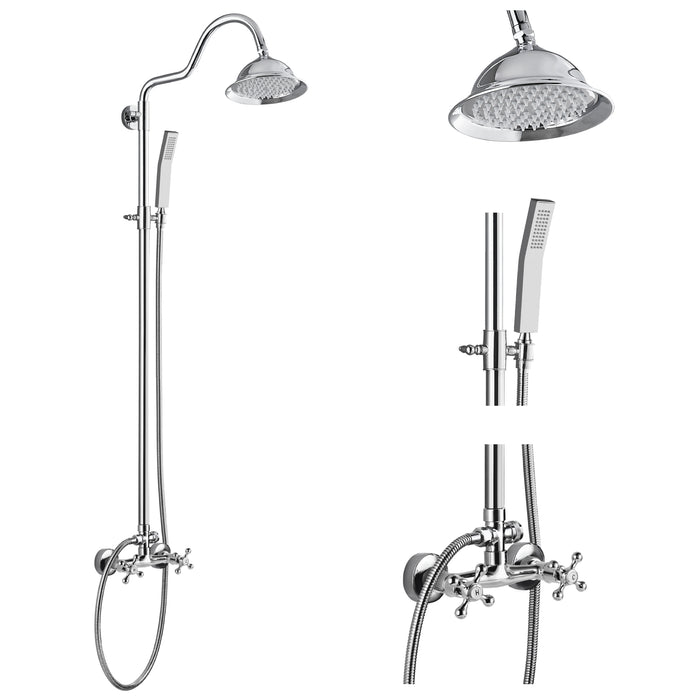 gotonovo Wall Mounted 8 inch Bell Rain Shower Head Brass 2 Function Shower System Kit with 2 Dual Knob Cross Handles and Curved Hand Sprayer