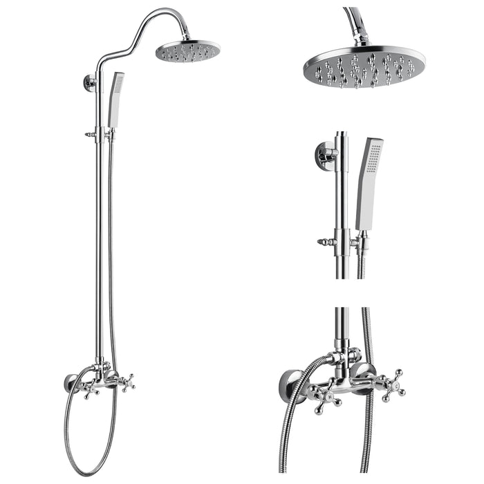 gotonovo Exposed Pipe Shower System Wall Mounted 8 inch Brass Covered Rain Shower Head 2 Function Shower System Kit with 2 Dual Knob Cross Handles and Curved Hand Sprayer