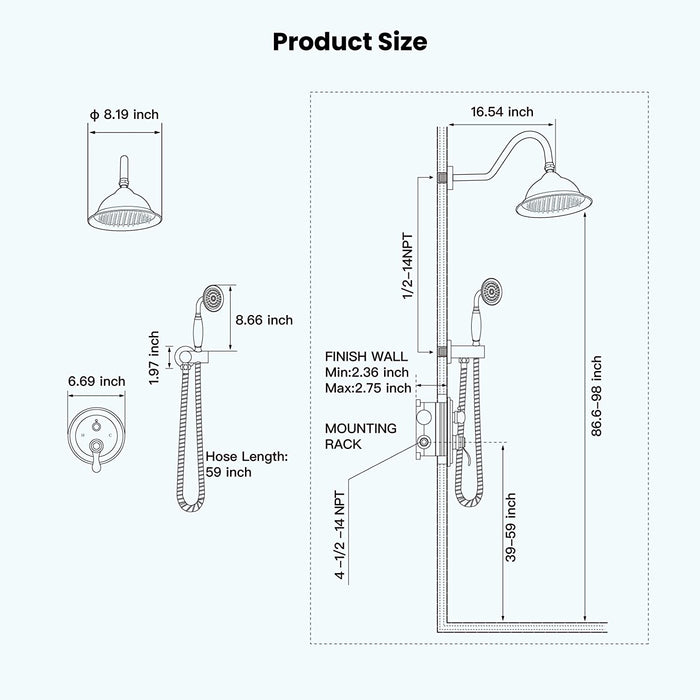 gotonovo Single Handle Vintage Rainfall 8 Inch Shower Head Antique Telephpne Shape Hand Sprayer Wall Mount Bathroom Shower Faucet System Dual Function