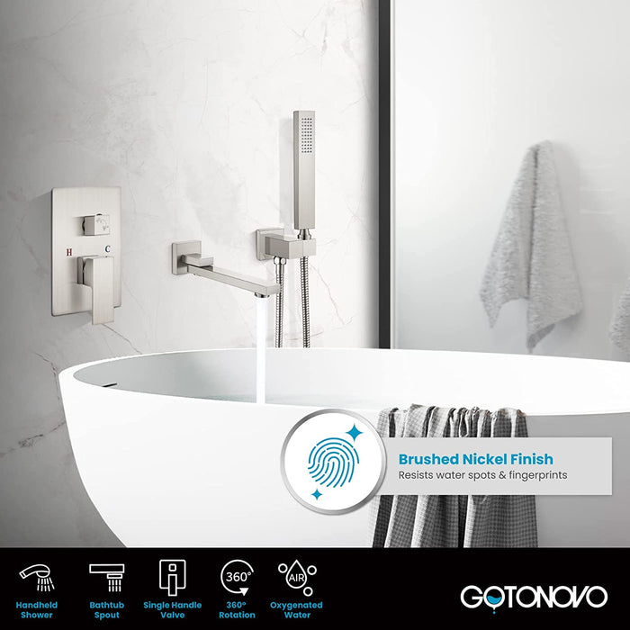 gotonovo Wall Mount Bathtub Faucet with Hand Held Sprayer and Swivel Tub Filler Dual Functions Single Handle Bathroom Shower System Mixer For Tub Rough-In Valve Included